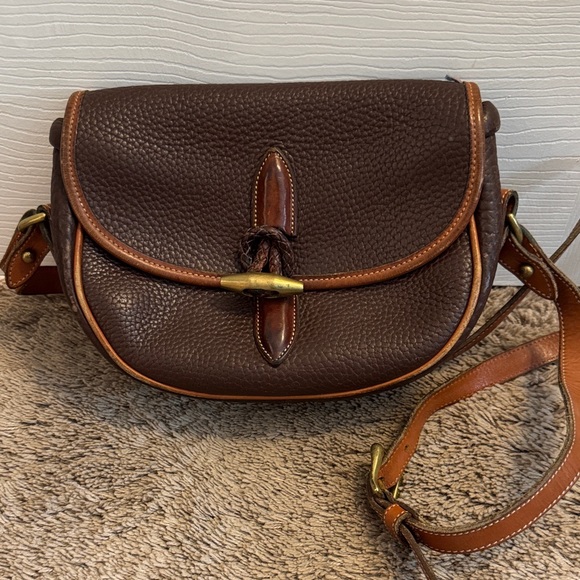Dooney & Bourke Handbags - Dooney & Bourke Dark Brown Pebbled Leather Crossbody with Tan Trim VINTAGE